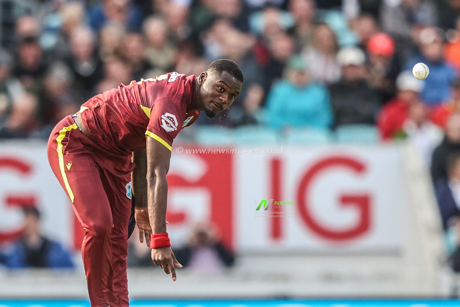 Jayden Seales of West Indies delivers the ball during the 3rd Metro Bank ODI England v West Indies at The Kia Oval, London, United Kingdom, 3rd June 2025

(Photo by Alfie Cosgrove/News Images)
