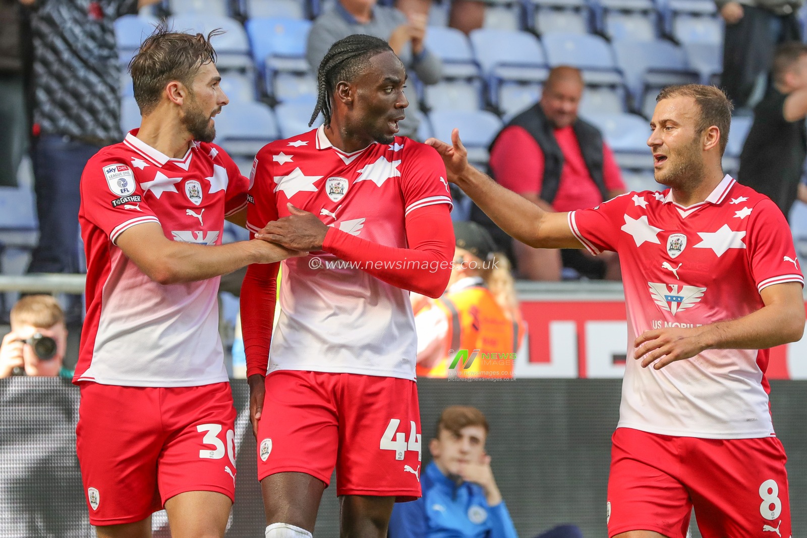 Devante Cole #44 of Barnsley celebrates his goal to make it 0-1 during the Sky Bet League 1 match Wigan Athletic vs Barnsley at DW Stadium, Wigan, United Kingdom, 26th August 2023

(Photo by Alfie Cosgrove/News Images)
