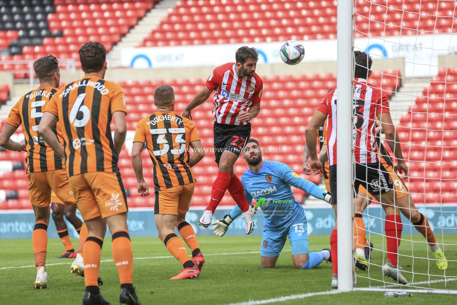 Will Grigg (22) of Sunderland heads the ball into the goal but it is disallowed