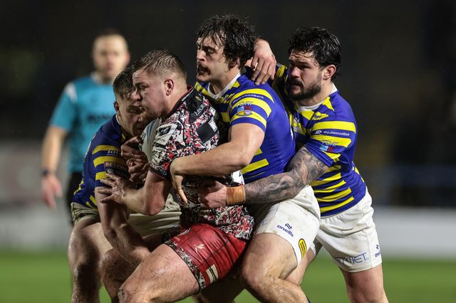 Max Wood of Warrington Wolves and James Bentley of Warrington Wolves Luke Thomas of Warrington Wolves in action during the Pre Season match Warrington Wolves vs Leigh Leopards at Halliwell Jones Stadium, Warrington, United Kingdom, 30th January 2026

(Photo by Mark Cosgrove/News Images)