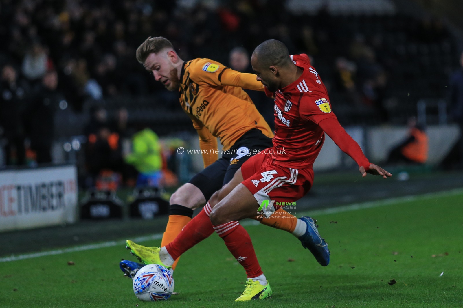 11th January 2020, KC Stadium, Kingston upon Hull, England; Sky Bet Championship, Hull City v Fulham : Josh Bowler (19) of Hull City and Denis Odoi (4) of Fulham challenge for the ball

Credit: David Greaves/News Images