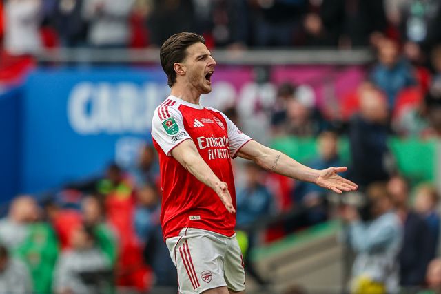 Declan Rice of Arsenal reacts during the Carabao Cup Final match Arsenal vs Manchester City at Emirates, London, United Kingdom on 22 March 2026

(Photo by Alfie Cosgrove/News Images)