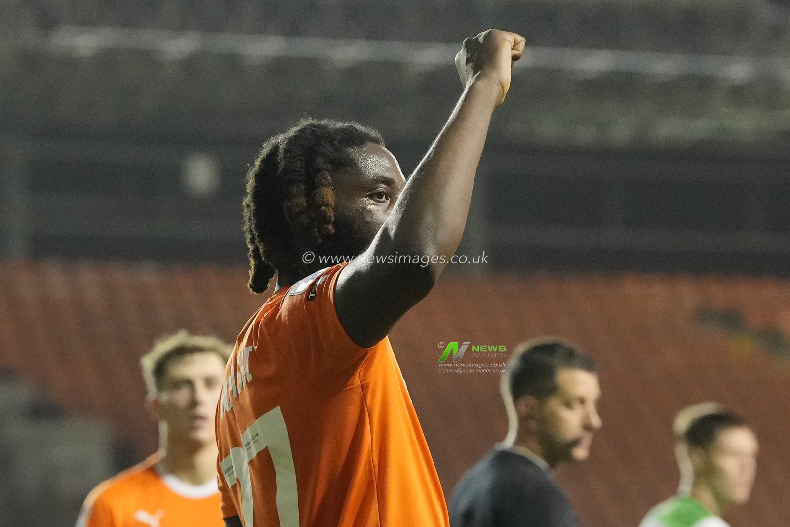 Kylian Kouassi #27 of Blackpool celebrates after he scores his third goal of the night to make it 4-2-during the EFL Trophy match Blackpool vs Liverpool U21 at Bloomfield Road, Blackpool, United Kingdom, 10th October 2023

(Photo by Steve Flynn/News Images)