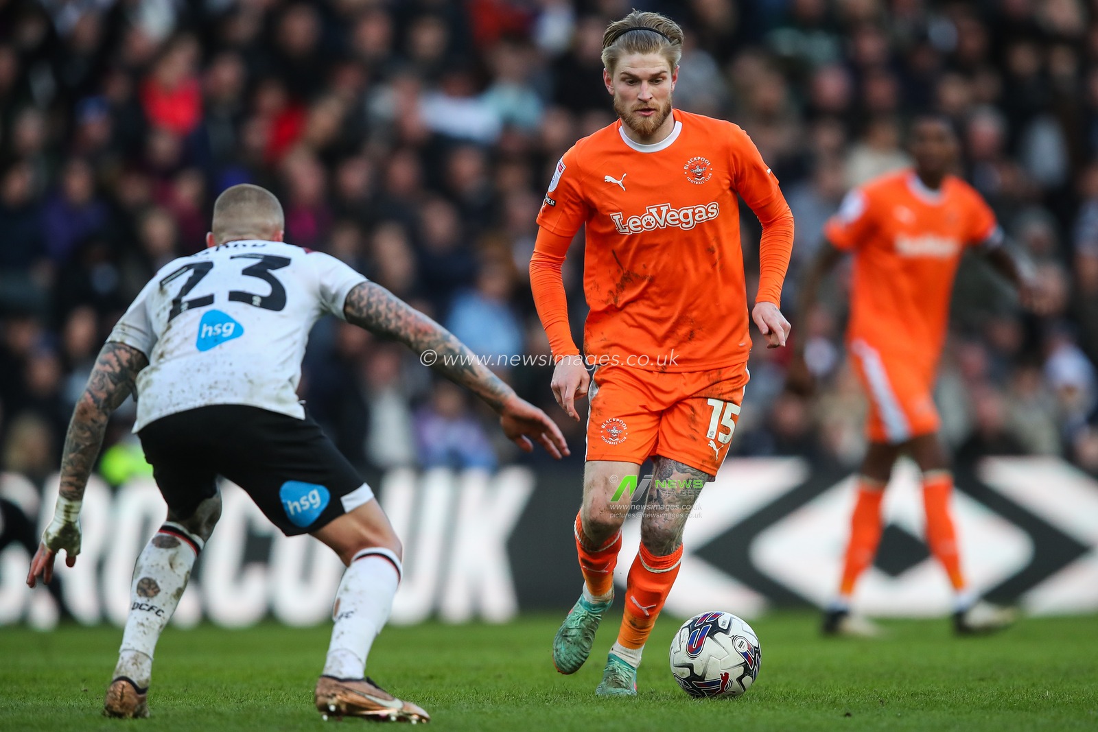 Hayden Coulson of Blackpool goes forward with the ball during the Sky Bet League 1 match Derby County vs Blackpool at Pride Park Stadium, Derby, United Kingdom, 29th March 2024

(Photo by Gareth Evans/News Images)