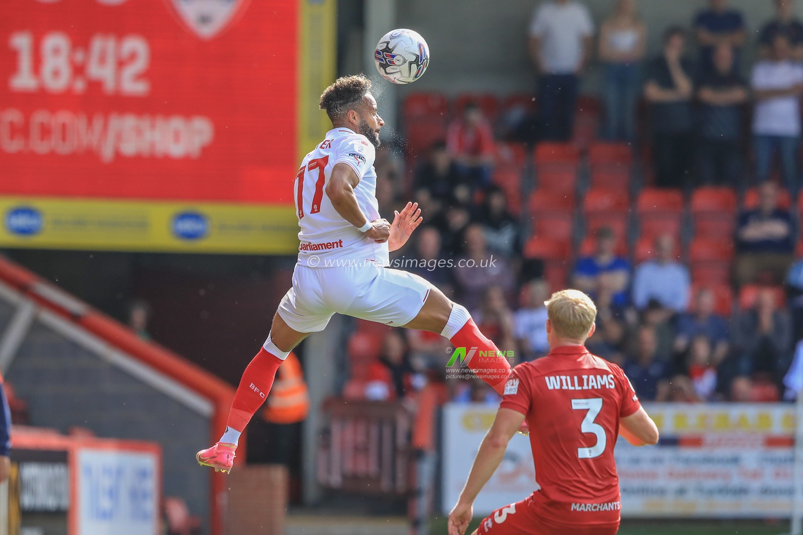 Barry Cotter #17 of Barnsley jumps up to win the high ball during the Sky Bet League 1 match Cheltenham Town vs Barnsley at The Jonny-Rocks Stadium, Cheltenham, United Kingdom, 2nd September 2023

(Photo by Alfie Cosgrove/News Images)