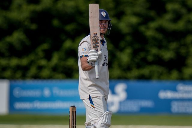 Matthew Montgomery raises his bat towards the pavilion after scoring a half century during the County Championship Division Two Derbyshire v Gloucestershire at The Central Co-Op County Ground, Derby, United Kingdom on 26 April 2026

(Photo by Maynard Manyowa/News Images)