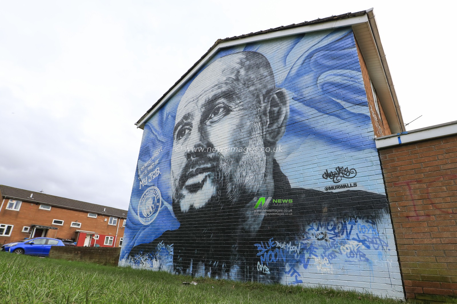 Pep Guardiola mural on the end of a house opposite the stadium ahead of the Premier League match Manchester City vs Chelsea at Etihad Stadium, Manchester, United Kingdom, 17th February 2024

(Photo by Conor Molloy/News Images)