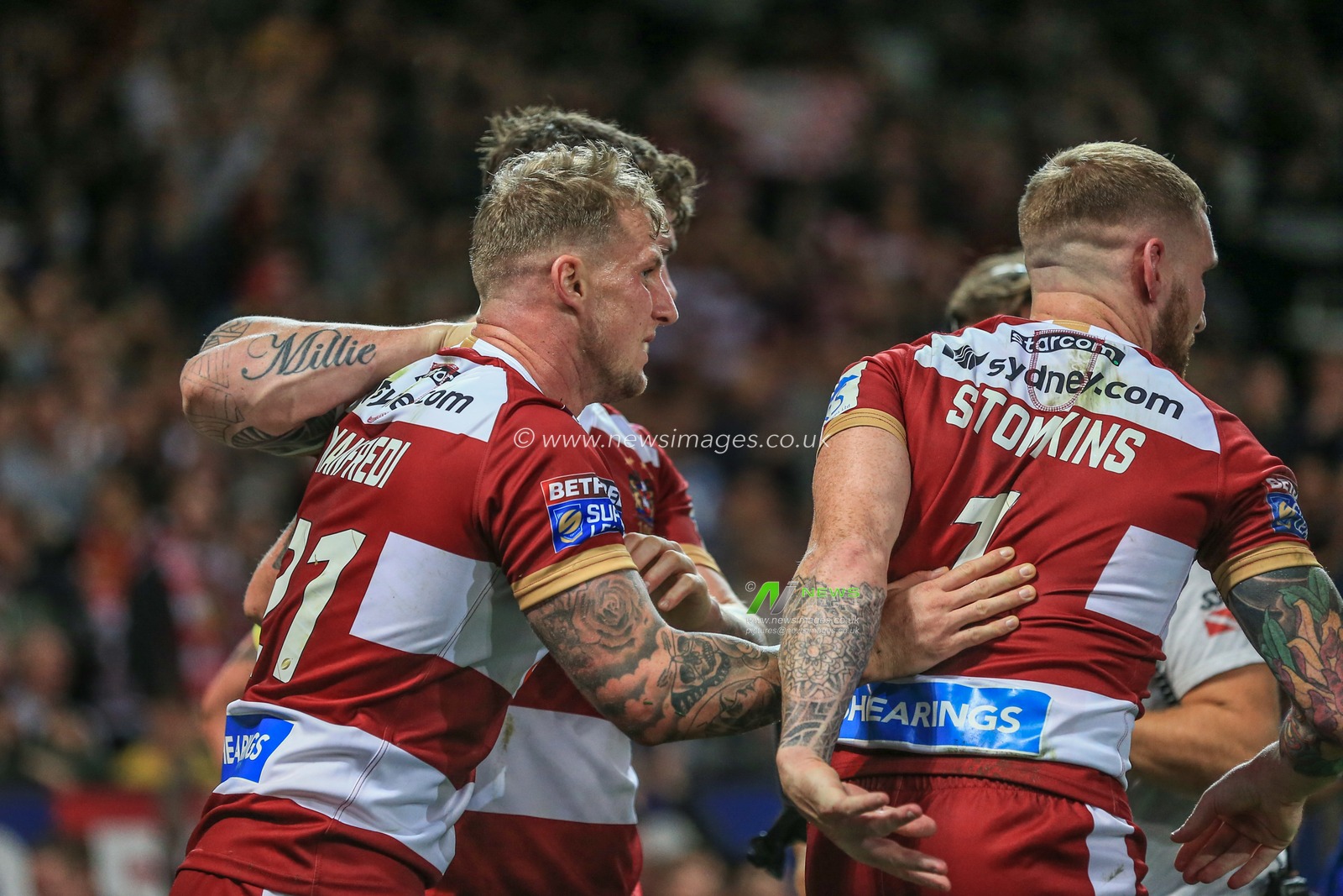 13th October 2018 , Old Trafford,  Manchester, England;  Betfred Super League Grand Final, Wigan Warriors v Warrington Wolves; Dominic Manfredi of Wigan Warriors celebrates his try 


Mark Cosgrove/News Images