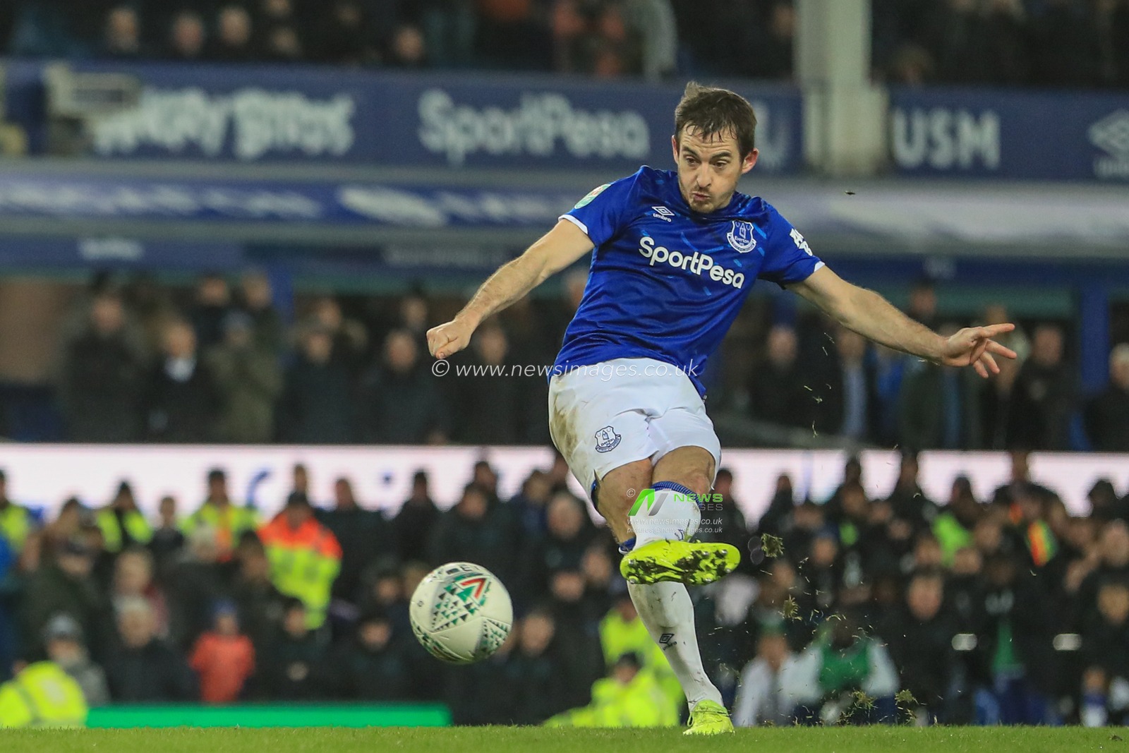 18th December 2019, Goodison Park, Liverpool, England; Carabao Cup, Everton v Leicester City : Leighton Baines (3) of Everton takes his penalty and misses 

Credit: Mark Cosgrove/News Images