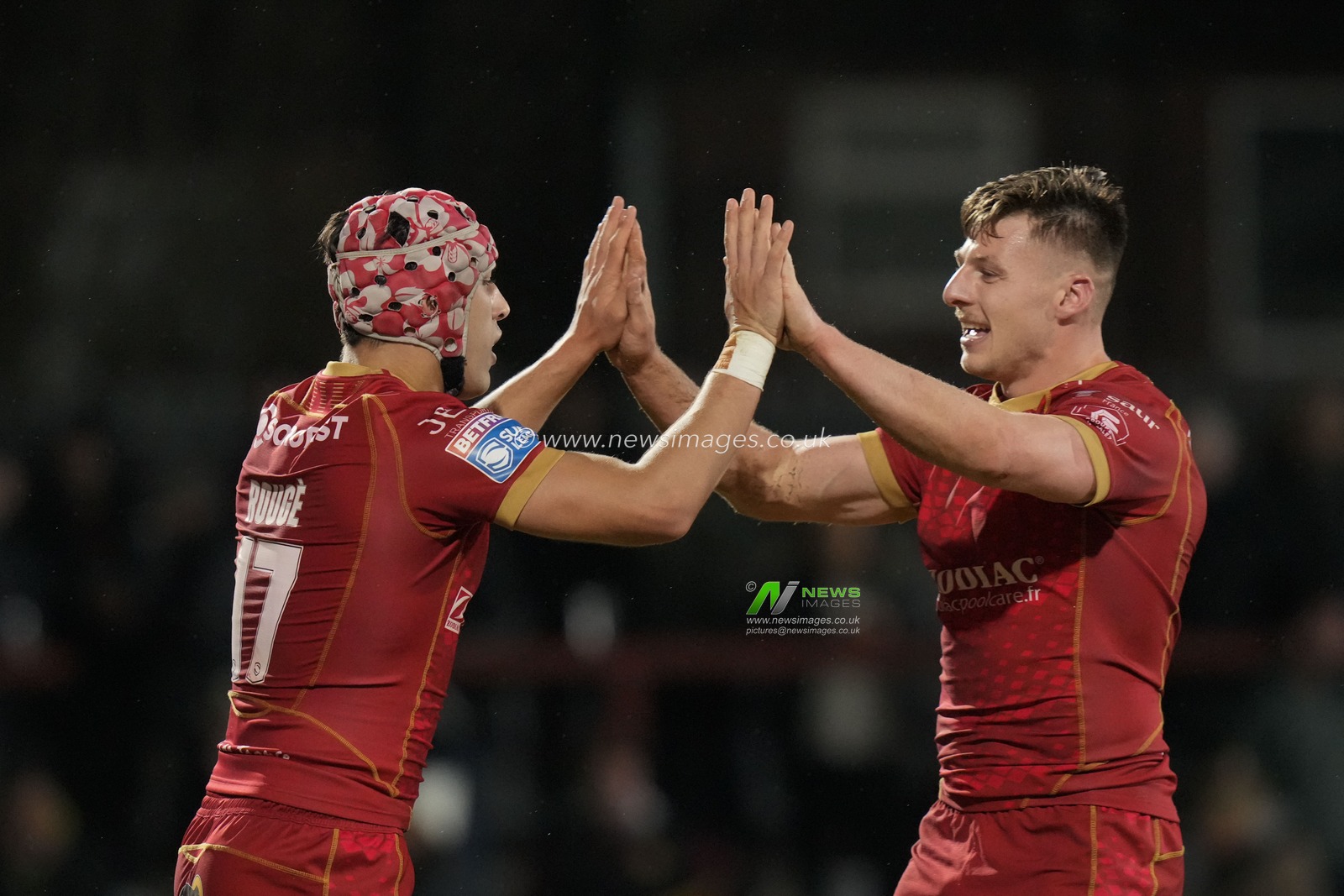 Try scorer Cesar Rouge #17 of Catalans Dragons celebratesduring the Betfred Super League  Round 1 match Wakefield Trinity vs Catalans Dragons at The Be Well Support Stadium, Wakefield, United Kingdom, 17th February 2023

(Photo by Steve Flynn/News Images)
