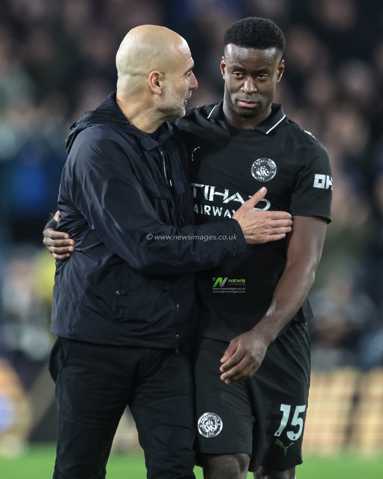 Pep Guardiola manager of Manchester City embraces Marc Guehi of Manchester City as they celebrate their win during the Premier League match Leeds United vs Manchester City at Elland Road, Leeds, United Kingdom on 28 February 2026

(Photo by Mark Cosgrove/News Images)
