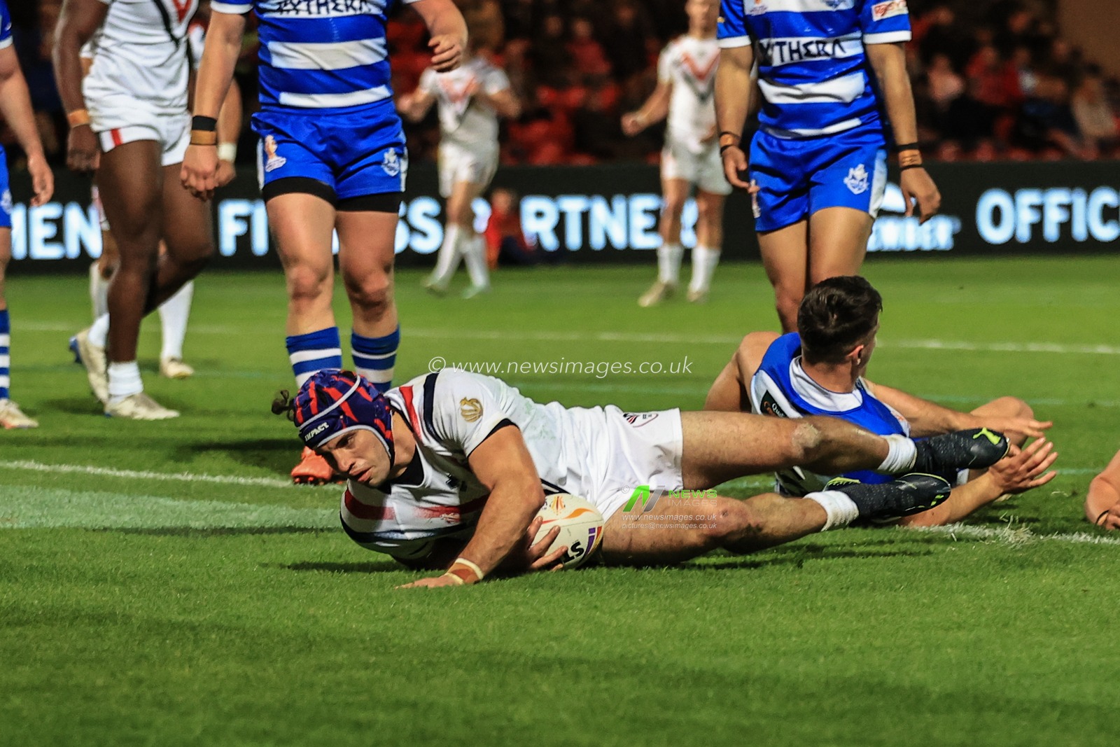 Benjamin Jullien of France goes over for a tryduring the Rugby League World Cup 2021 match France vs Greece at Eco-Power Stadium, Doncaster, United Kingdom, 17th October 2022

(Photo by Mark Cosgrove/News Images)