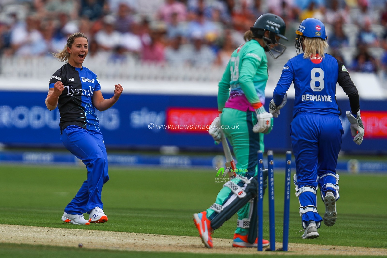 Eva Gray of London Spirit celebrates after the dismal of Lauren Winfield-Hill of Oval Invincibles during the The Hundred match London Spirit Women vs Oval Invincibles Women at Lords, London, United Kingdom, 4th August 2024

(Photo by Izzy Poles/News Images)