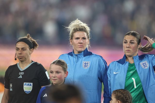 The England team line up of the national anthem during the FIFA Women's World Cup 2023 Final match Spain Women vs England Women at Stadium Australia, Sydney, Australia, 20th August 2023

(Photo by Patrick Hoelscher/News Images)
