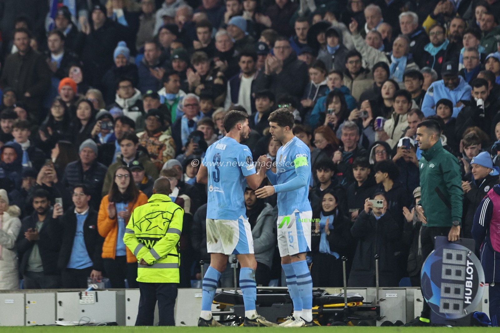 RÃºben Dias of Manchester City is substituted for John Stones of Manchester City during the UEFA Champions League match Manchester City vs F.C. Copenhagen at Etihad Stadium, Manchester, United Kingdom, 6th March 2024

(Photo by Mark Cosgrove/News Images)