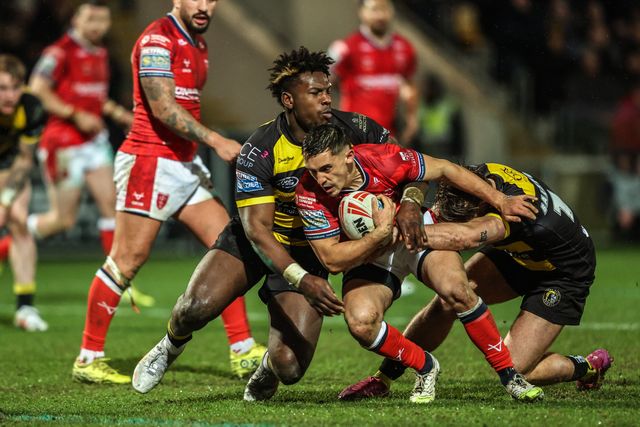 Arthur Mourgue of Hull KR is tackled by Justin Sangare of York Knights during the Betfred Super League Round 1 match York Knights vs Hull KR at LNER Community Stadium, Lincoln, United Kingdom on 12 February 2026

(Photo by Alfie Cosgrove/News Images)