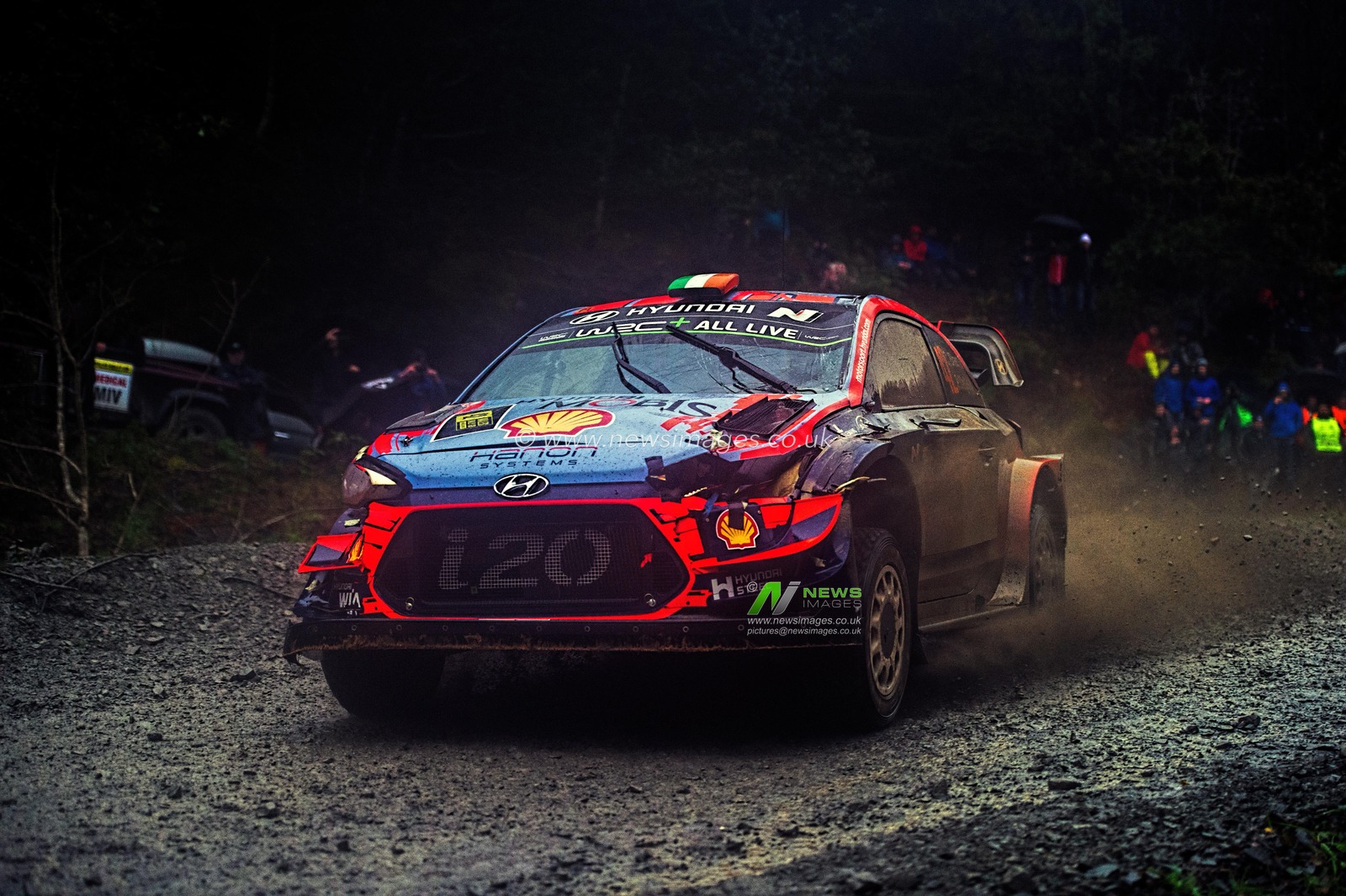 5th October 2019, Wales ; Dyfi, Wales Rally GB 2019 Stage 16 : Craig BREEN & Co Driver Paul NAGLE competing in the HYUNDAI i20 Coupe WRC for Hyundai Shell Mobis World Rally Team powers around the hard left on Dyfi stage 16 

Credit: Gareth Dalley/News Images