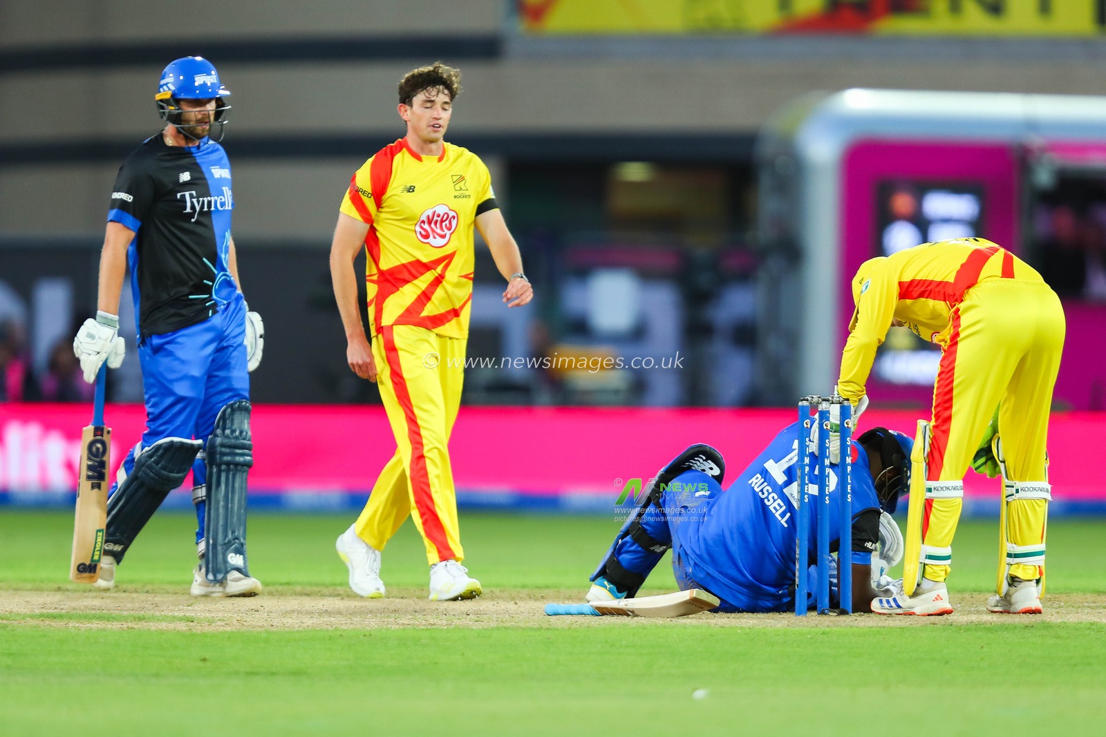 John Turner of Trent Rockets bowls and hits Andre Russell of London Spirit during the The Hundred match Trent Rockets vs London Spirit at Trent Bridge, Nottingham, United Kingdom, 7th August 2024

(Photo by Izzy Poles/News Images)