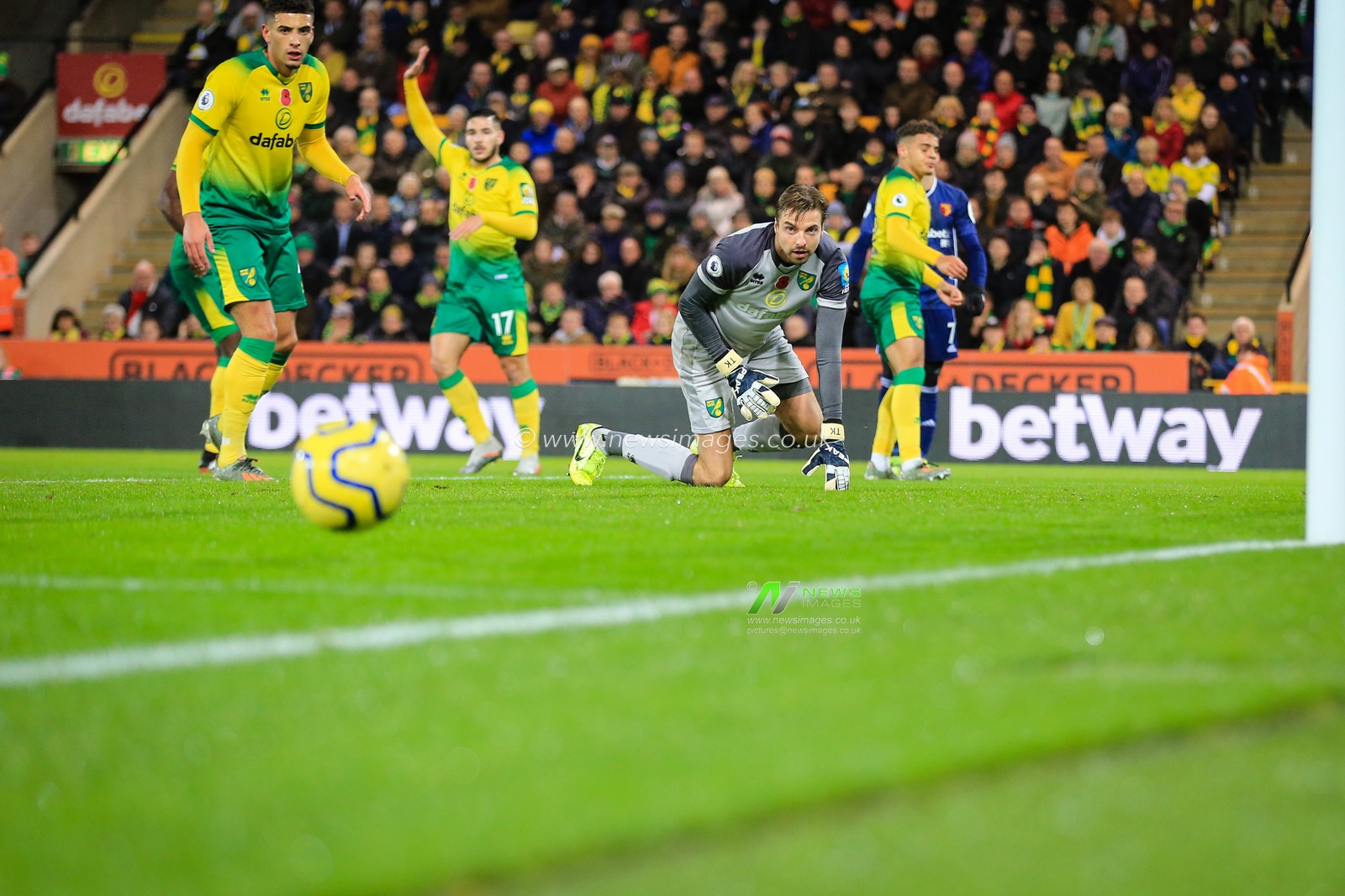 8th November 2019, Carrow Road, Norwich, England; Premier League, Norwich City v Watford : Tim Krul (01) of Norwich City watches his deflection roll away to safety

Credit: Georgie Kerr/News Images