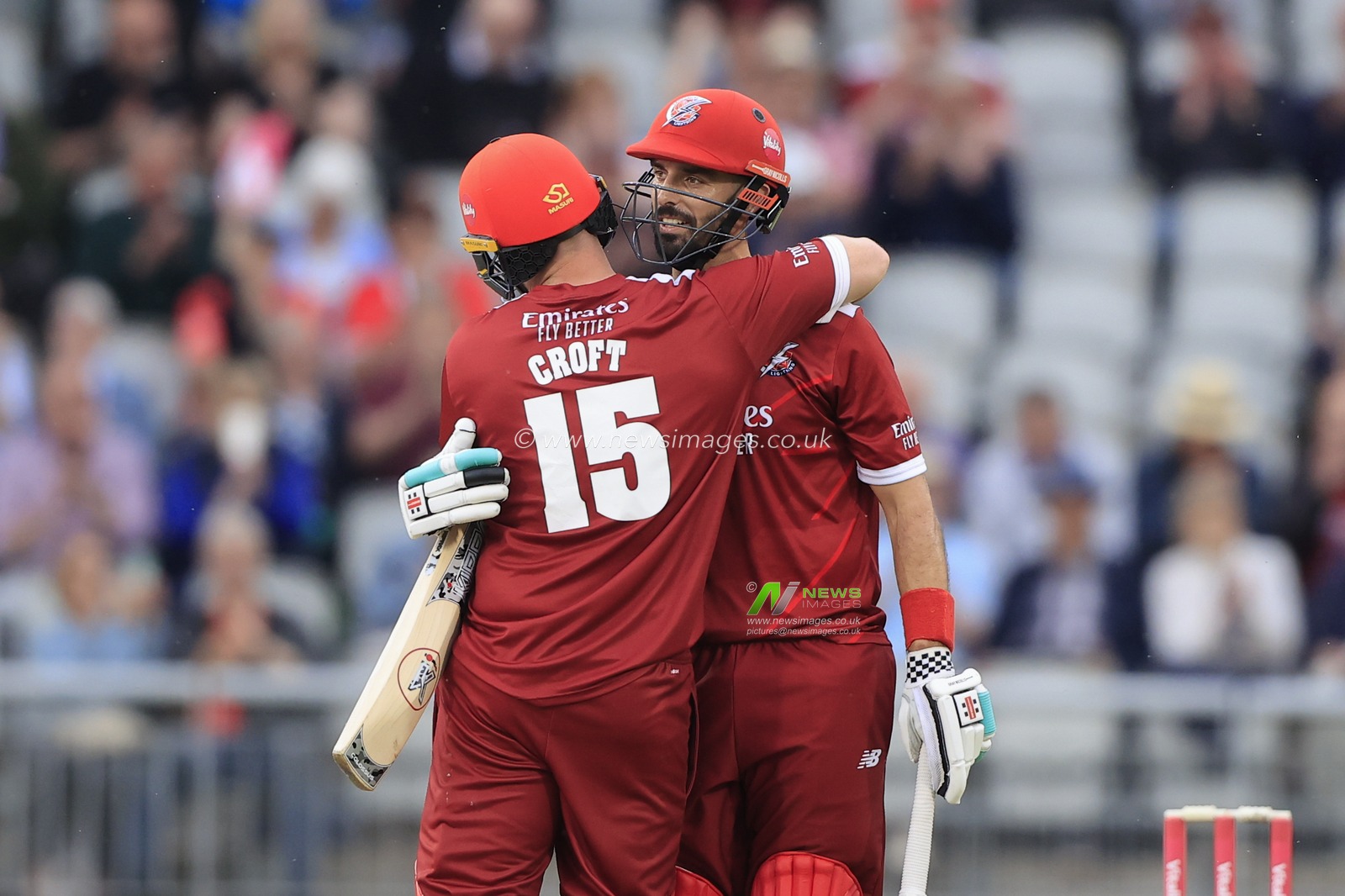 Daryl Mitchell and Steven Croft of Lancashire Lightning celebrate the 8 wicket victory during the Vitality Blast match Lancashire Lightning vs Leicestershire Foxes at Old Trafford, Manchester, United Kingdom, 25th May 2023

(Photo by Conor Molloy/News Images)