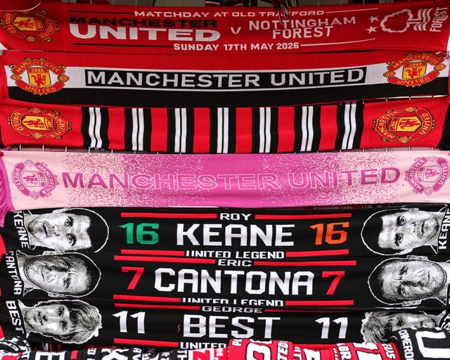 Manchester United scarfs on sale outside Old Trafford during the Premier League match Manchester United vs Nottingham Forest at Old Trafford, Manchester, United Kingdom on 17 May 2026

(Photo by Mark Cosgrove/News Images)