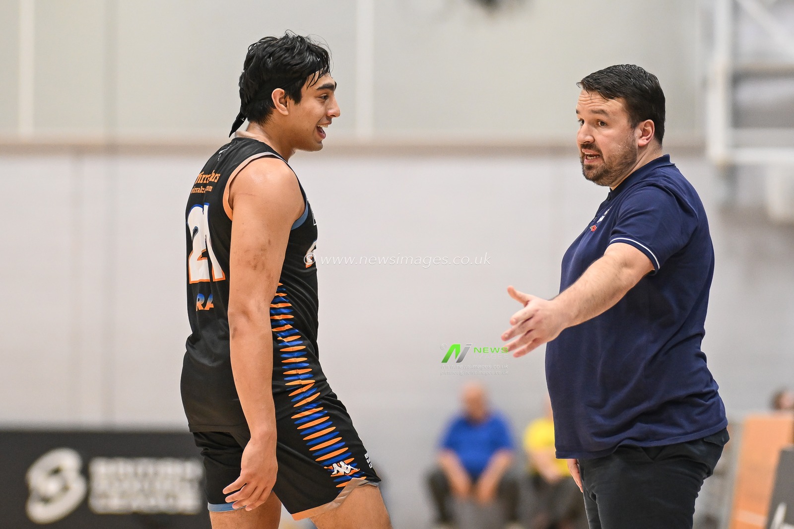 Ben Thomas Head Coach of Cheshire Phoenix speaks to Aaryn Rai of Cheshire Phoenix during the British Basketball Championship match Cheshire Phoenix vs Leicester Riders at Ellesmere Port Sports Village, Ellesmere Port, United Kingdom, 12th November 2023

(Photo by Craig Thomas/News Images)