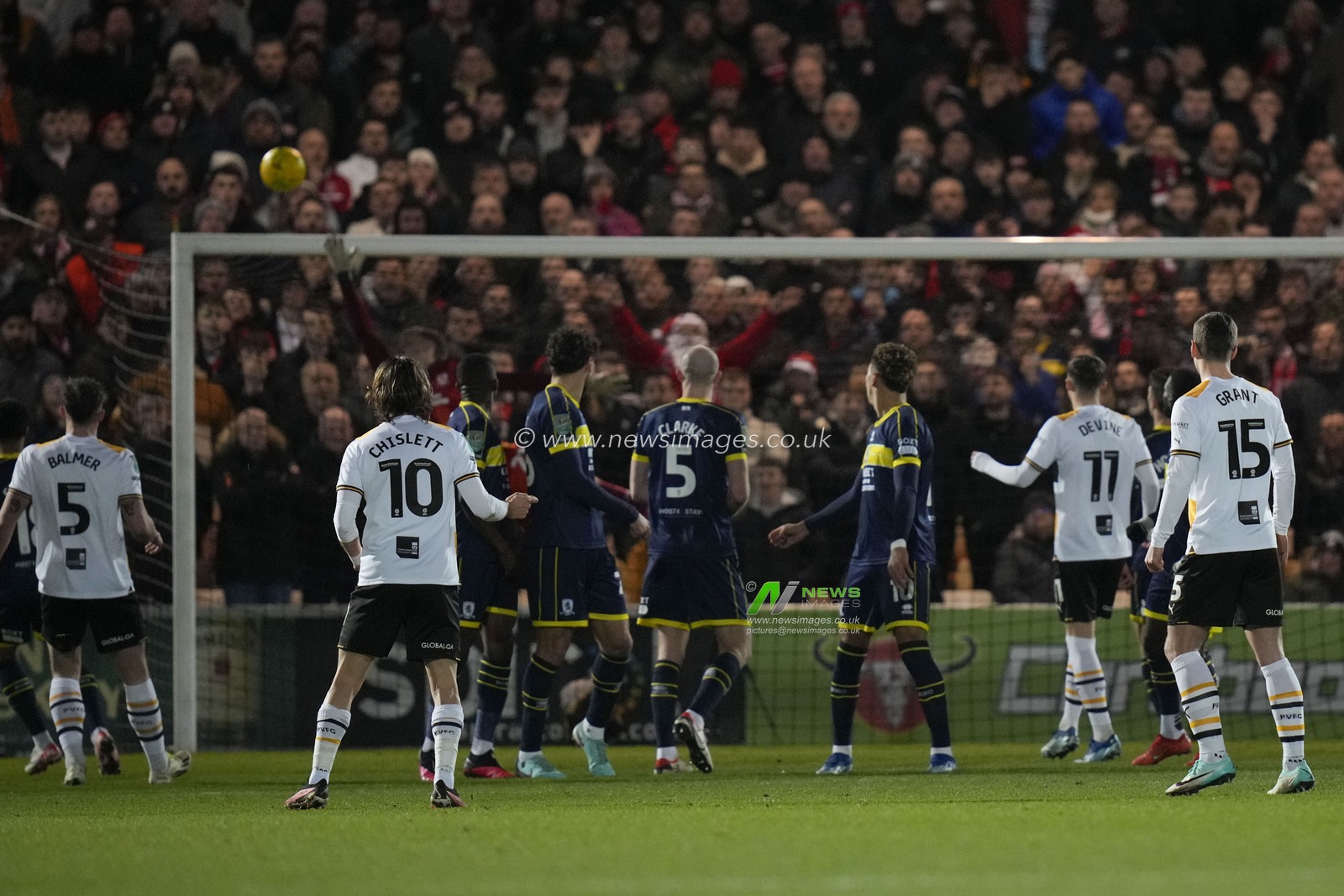 Ethan Chislett #10 of Port Vale curls a free kick at the Boro goal during the Carabao Cup Quarter Final match Port Vale vs Middlesbrough at Vale Park, Burslem, United Kingdom, 19th December 2023

(Photo by Steve Flynn/News Images)