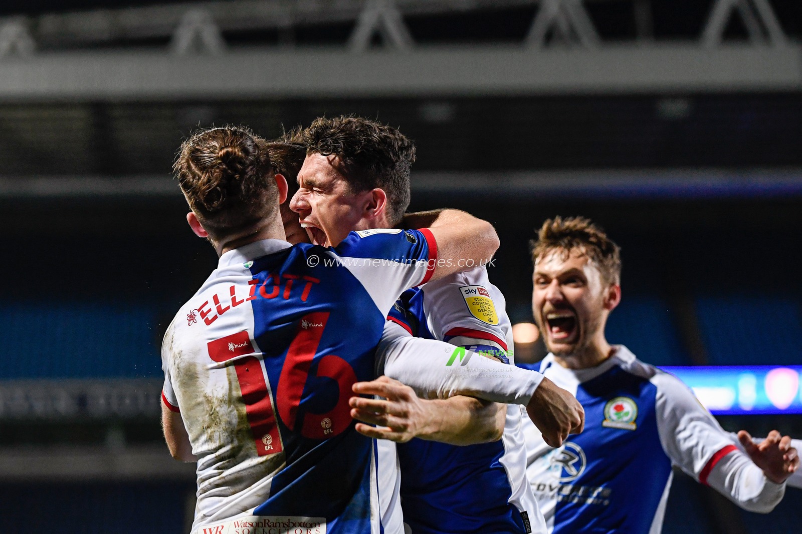 CELEBRATION Adam Armstrong #7 of Blackburn Rovers celebrates scoring a goal with Harvey Elliott #16, Tom Trybull #19 and Darragh Lenihan #26 to make it 1-2