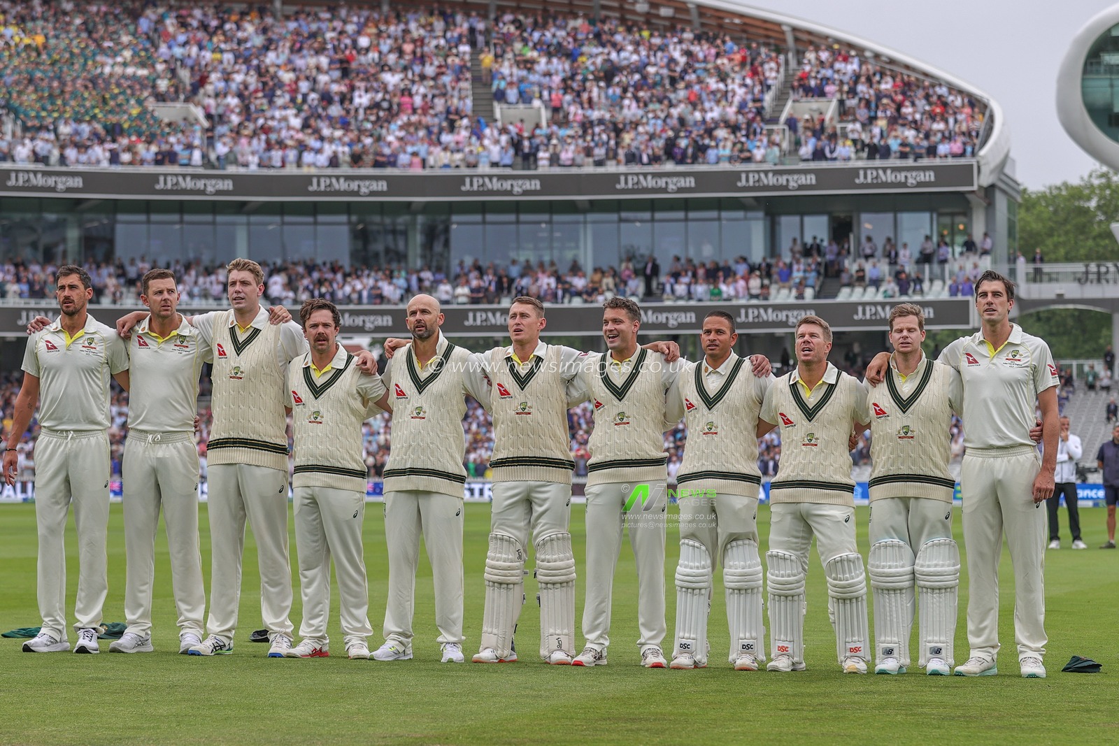 Australia line up for the national anthem during the LV= Insurance Ashes Test Series Second Test Day 1 England v Australia at Lords, London, United Kingdom, 28th June 2023

(Photo by Mark Cosgrove/News Images)
