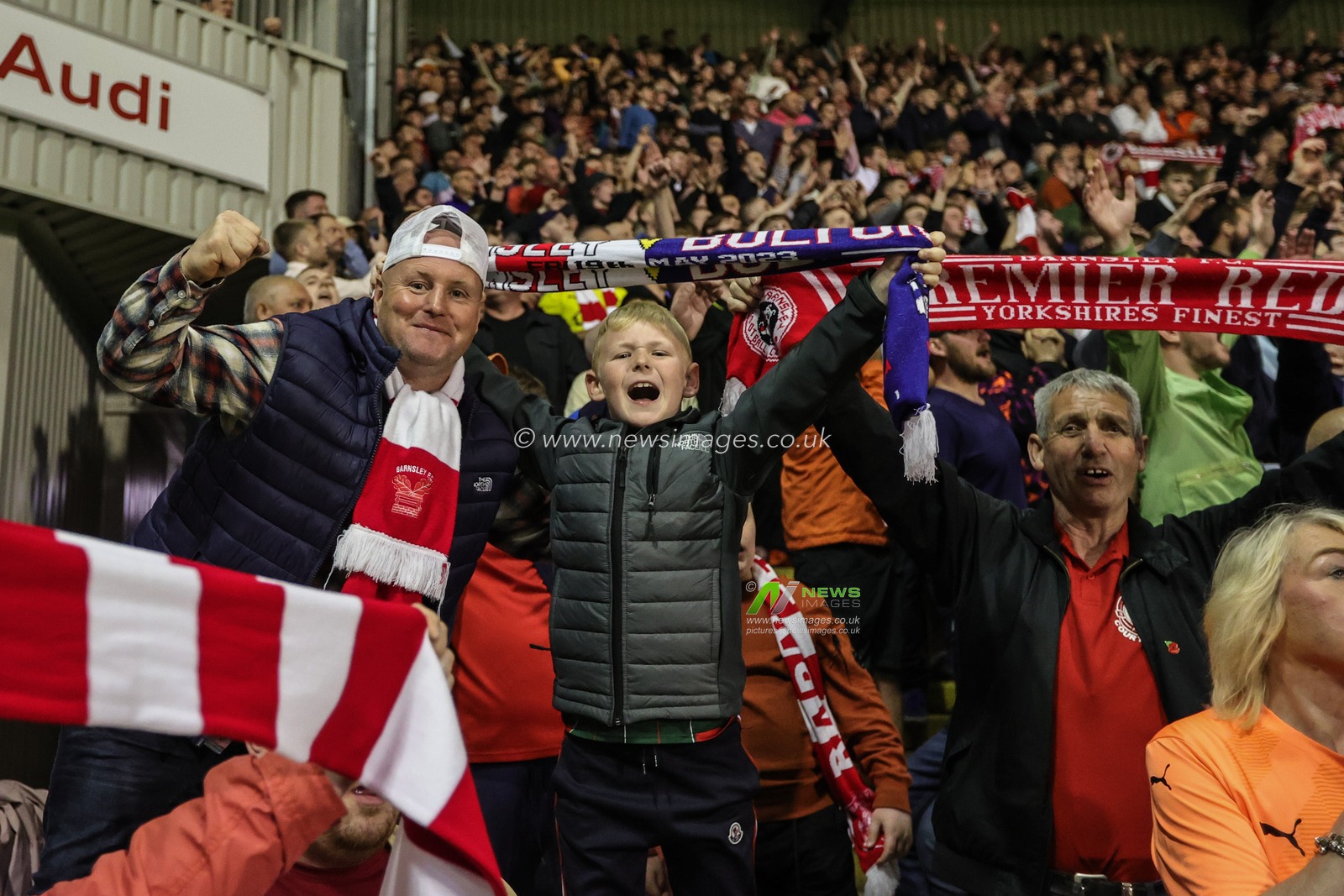 Barnsley fans celebrate during the Sky Bet League 1 Play-off match Barnsley vs Bolton Wanderers at Oakwell, Barnsley, United Kingdom, 19th May 2023

(Photo by Mark Cosgrove/News Images)