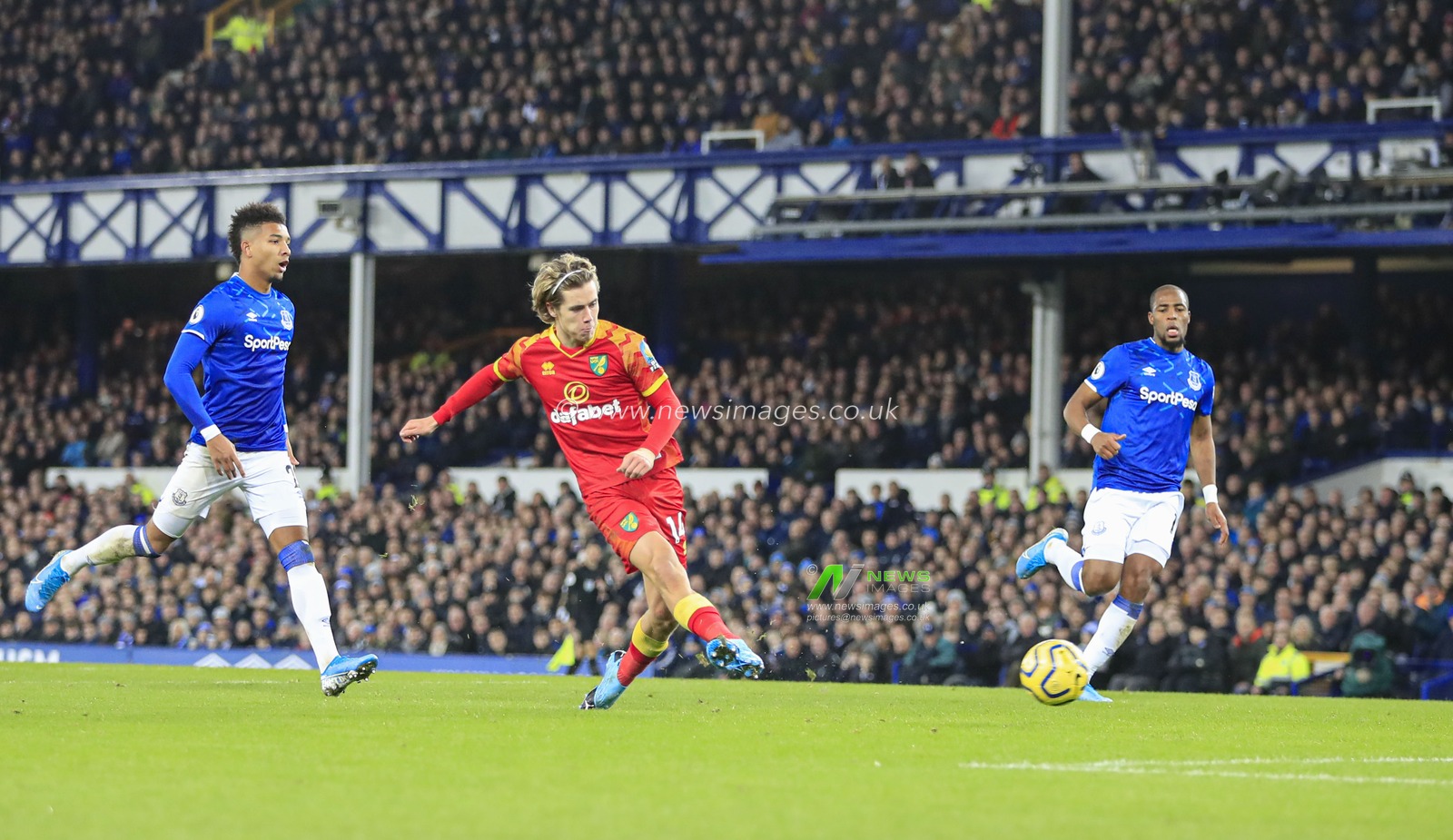 23rd November 2019, Goodison Park, Liverpool, England; Premier League, Everton v Norwich City : Todd Cantwell (14) of Norwich City scores to make it 0-1 to Norwich in the 55th minute

Credit: Conor Molloy/News Images