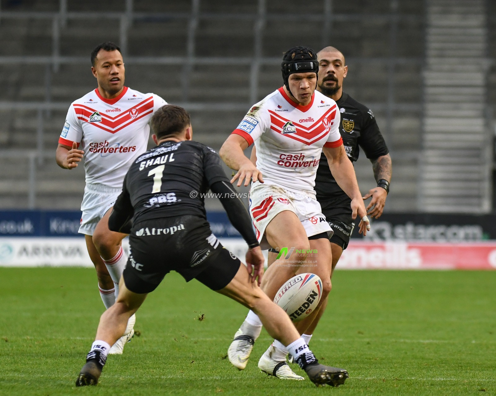 19th January 2019 , Totally Wicked Stadium, St Helens, England;  Betfred Super League Warm Up and Jonny Lomax Testimonial ,  St Helens v Hull FC ; Jonny Lomax of St Helens puts the kick throuing during his testimonial


Credit: Richard Long/News Images