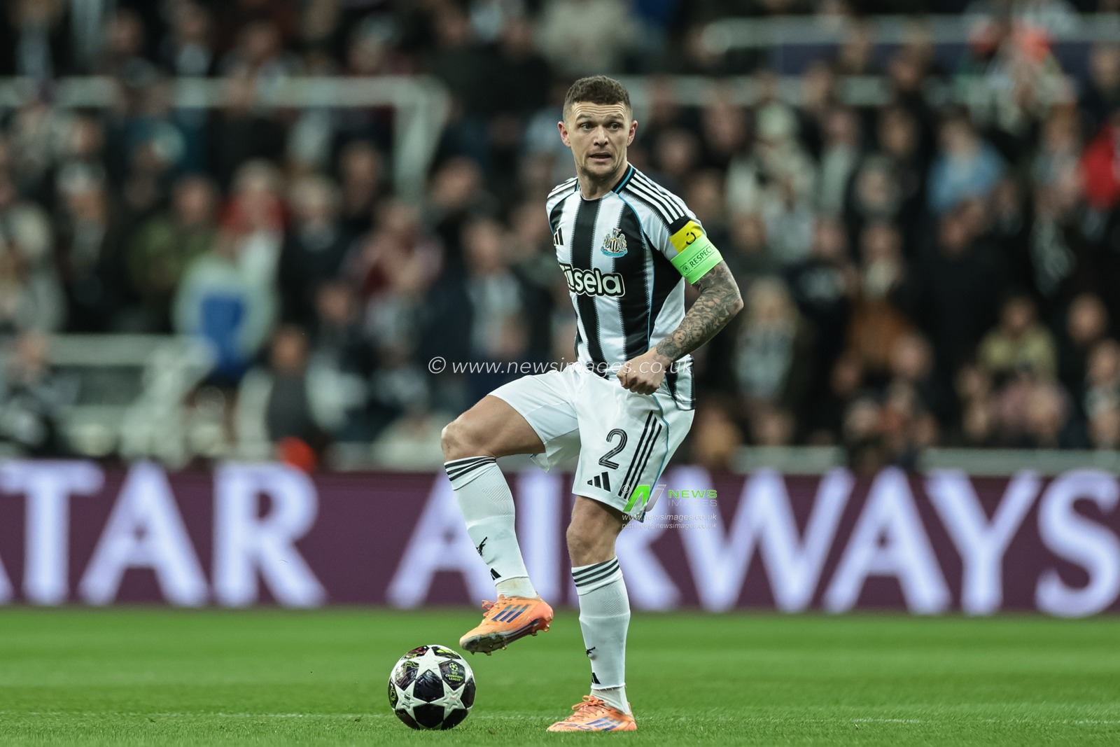 Kieran Trippier of Newcastle Untied with the ball during the UEFA Champions League Knockout Round Play-offs Newcastle Untied vs Qarabag at St. James's Park, Newcastle, United Kingdom on 24 February 2026

(Photo by Mark Cosgrove/News Images)