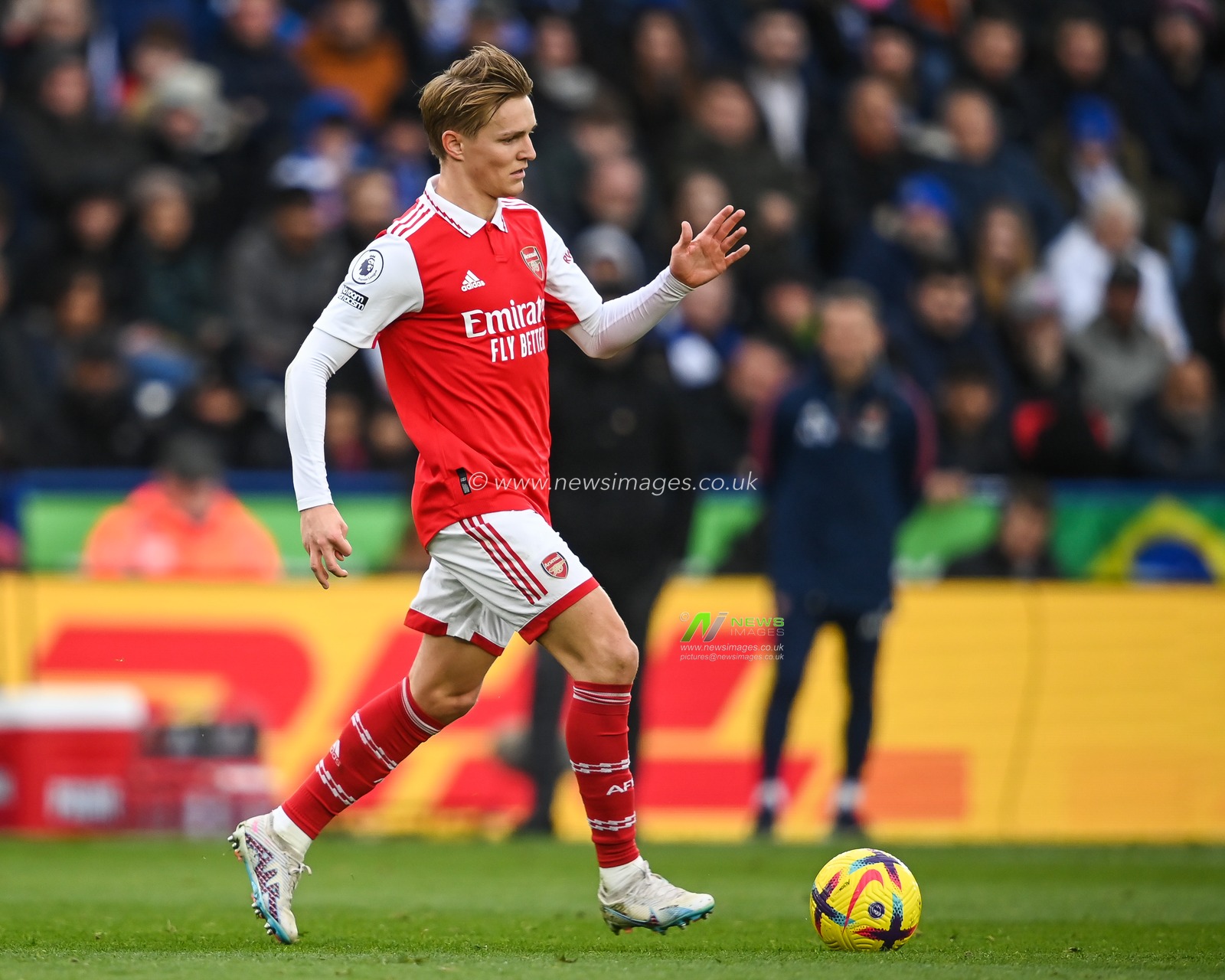 Martin Ã˜degaard #8 of Arsenal in action during the game during the Premier League match Leicester City vs Arsenal at King Power Stadium, Leicester, United Kingdom, 25th February 2023

(Photo by Craig Thomas/News Images)