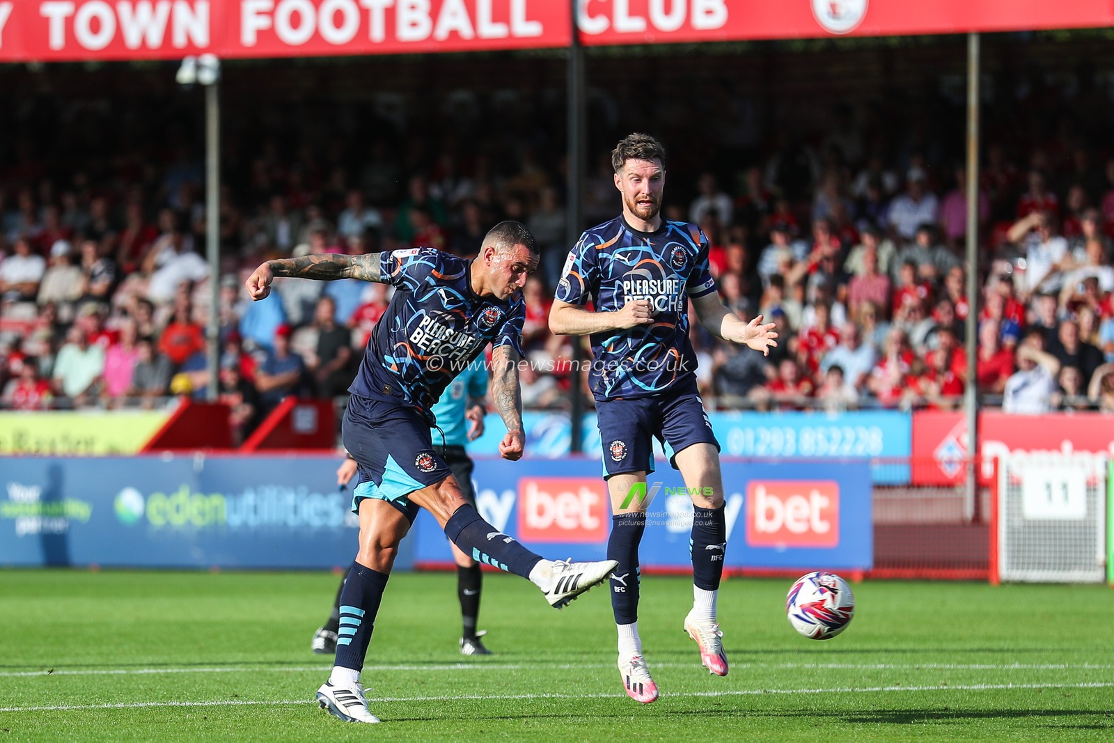 Oliver Norburn of Blackpool has a shot at goal during the Sky Bet League 1 match Crawley Town vs Blackpool at Broadfield Stadium, Crawley, United Kingdom, 10th August 2024

(Photo by Gareth Evans/News Images)