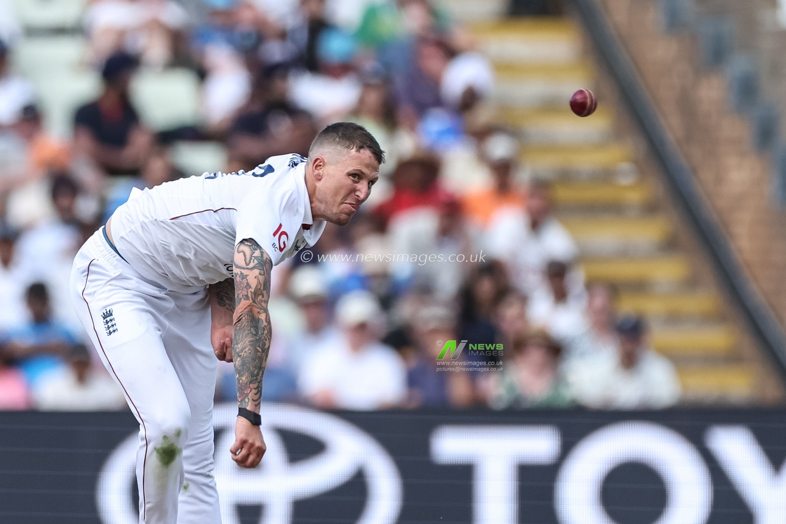 Brydon Carse of England delivers the ball during the 2nd Rothesay Test Match Day 1 England vs India at Edgbaston, Birmingham, United Kingdom, 2nd July 2025

(Photo by Mark Cosgrove/News Images)