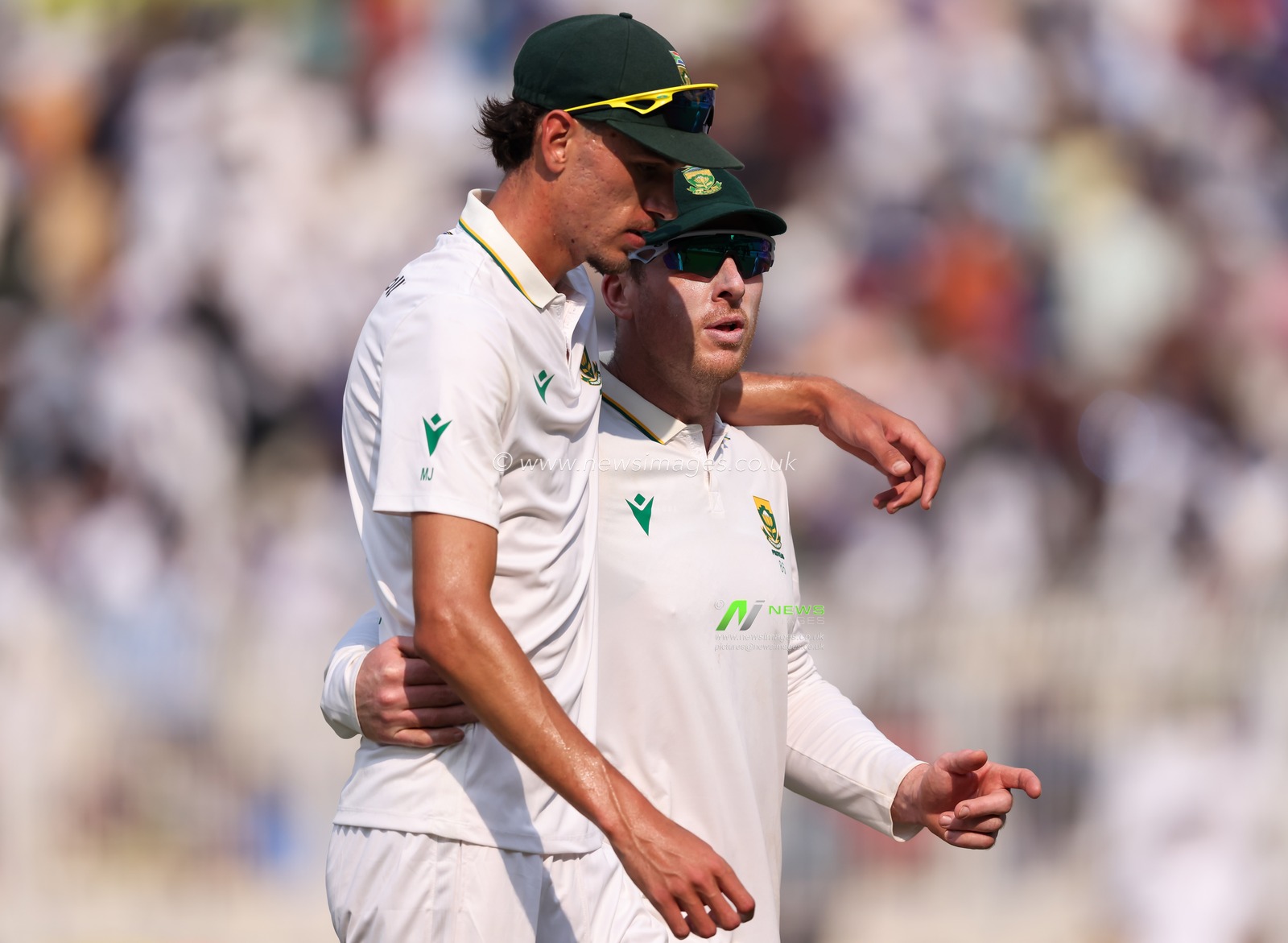 Simon Harmer Of South Africa with Marco Jansen Of South Africa , South Africa Trail by 30 runs during the IDFC First Bank Test Day 2 India vs South Africa at Eden Gardens, Kolkata, India, 15th November 2025

(Photo by Shubhajit Roy Karmakar/News Images)