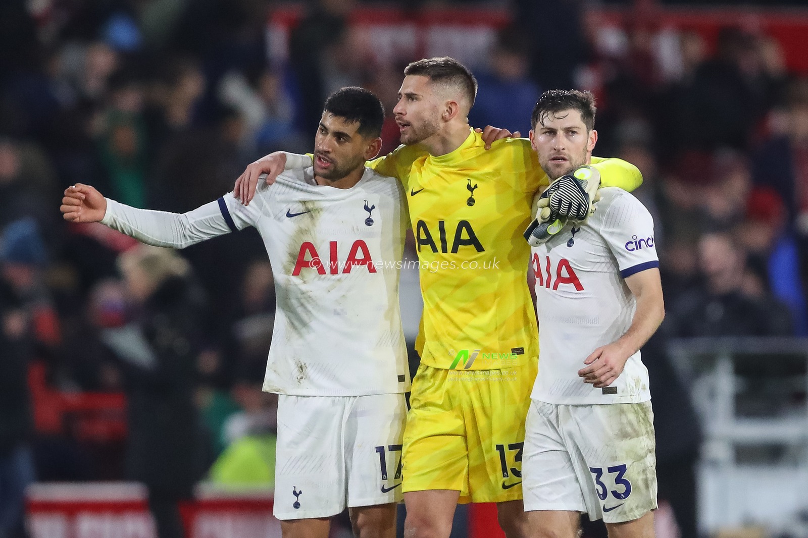 Cristian Romero #17 of Tottenham Hotspur, Guglielmo Vicario #13 of Tottenham Hotspur and Ben Davies #33 of Tottenham Hotspur celebrate the 0-2 win during the Premier League match Nottingham Forest vs Tottenham Hotspur at City Ground, Nottingham, United Kingdom, 15th December 2023

(Photo by Gareth Evans/News Images)