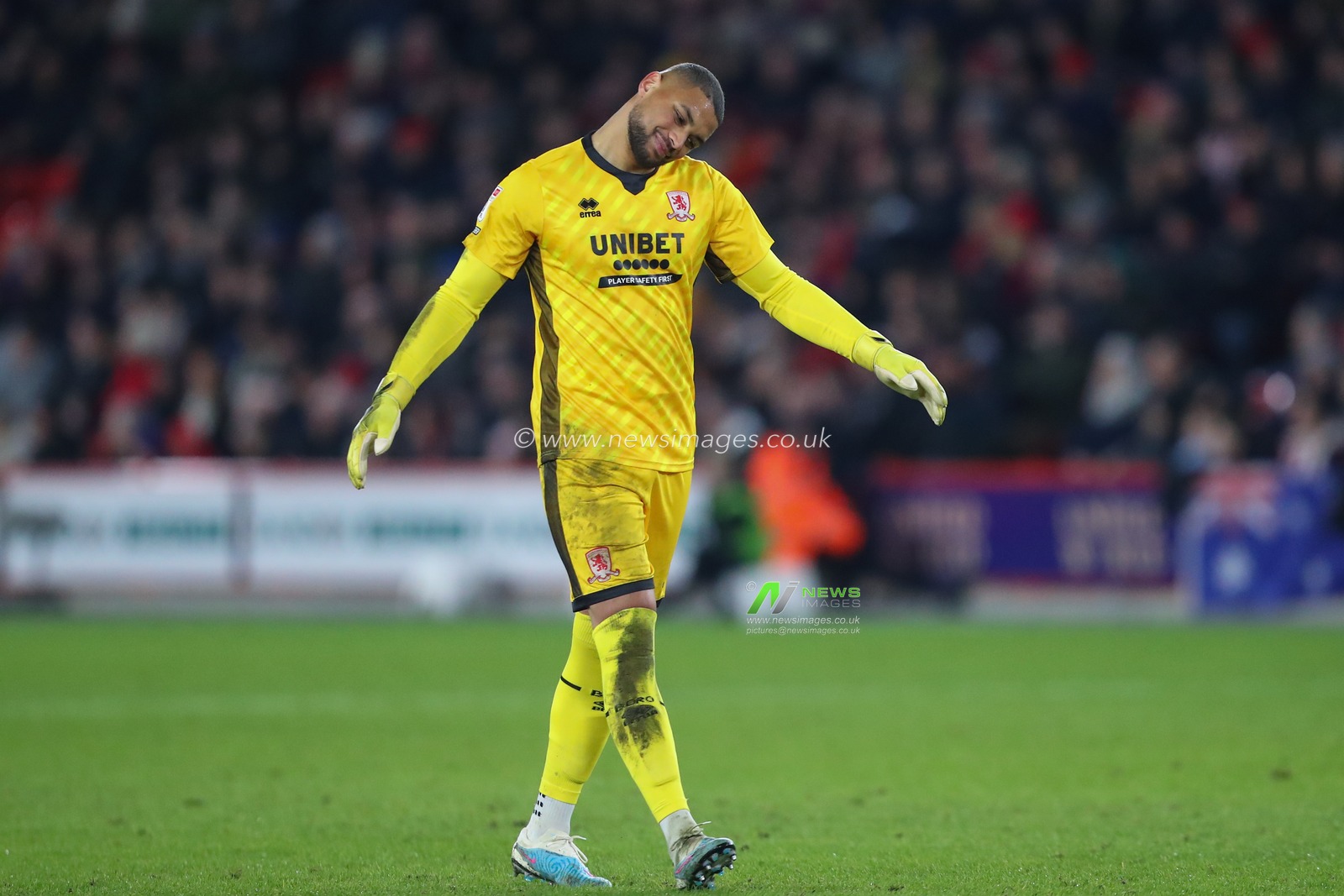 Zack Steffen #1 of Middlesbrough reacts during the Sky Bet Championship match Sheffield United vs Middlesbrough at Bramall Lane, Sheffield, United Kingdom, 15th February 2023

(Photo by Gareth Evans/News Images)