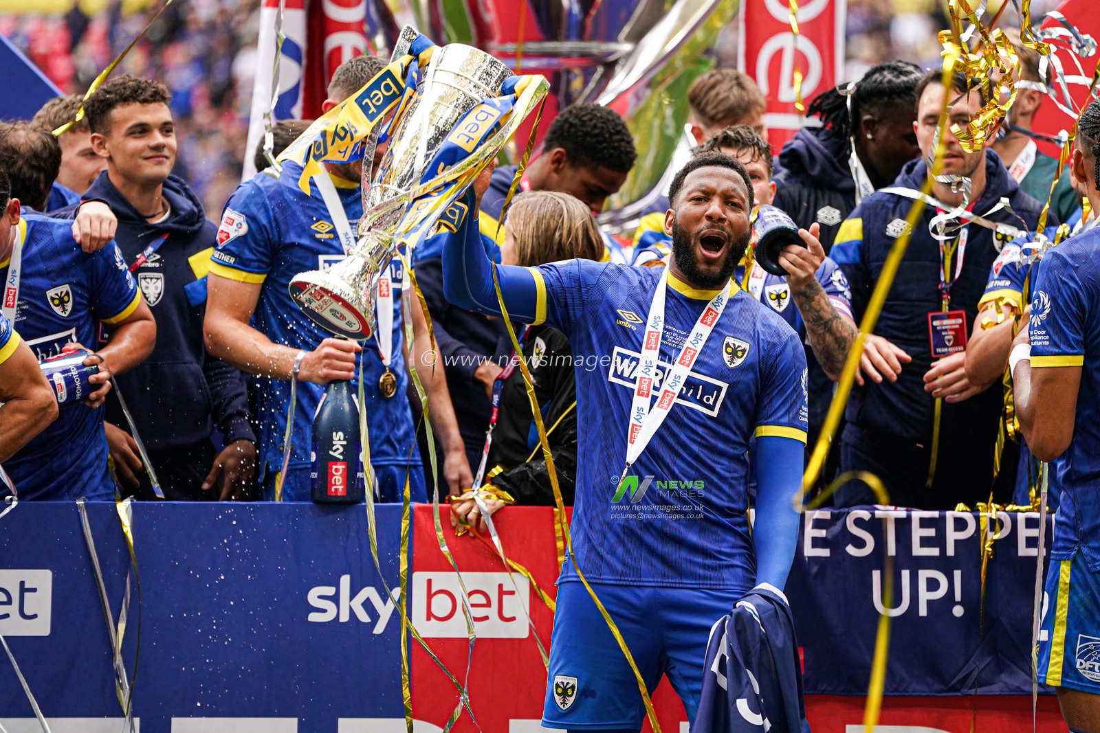Myles Hippolyte of AFC Wimbledon celebrating after the Sky Bet League 2 Playoff Final match AFC Wimbledon vs Walsall at Wembley Stadium, London, United Kingdom, 26th May 2025

(Photo by Harvey Murphy/News Images)