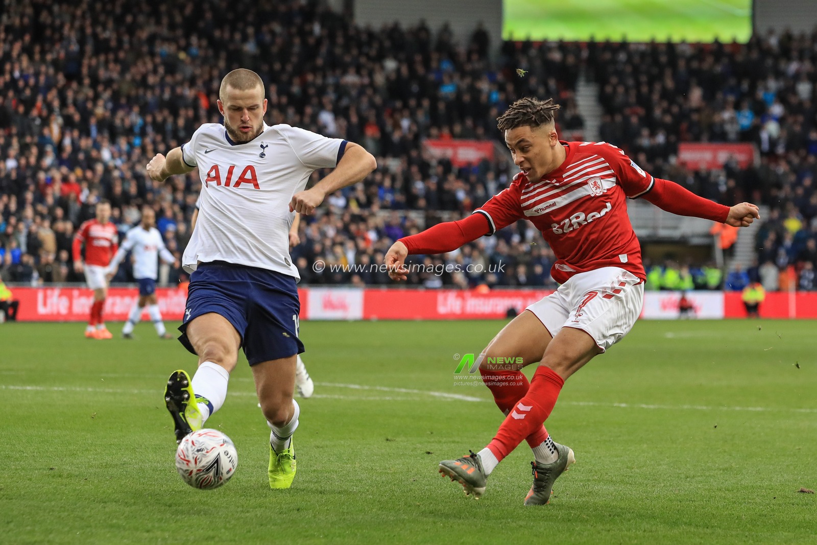 5th January 2020, Riverside Stadium, Middlesbrough, England; Emirates FA Cup, Middlesbrough v Tottenham Hotspur : Eric Dier (15) of Tottenham deflects Marcus Tavernier (7) of Middlesbroughâ€™s shot on goal 

Credit: Mark Cosgrove/News Images