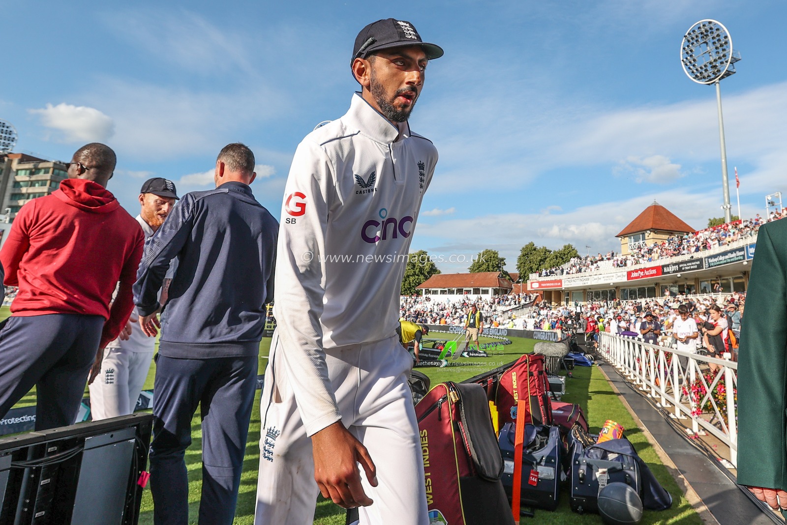 Shoaib Bashir of England leaves the field after bowling out Shamar Joseph of West Indies to win the test during the Rothesay Test Match day four match England vs West Indies at Trent Bridge, Nottingham, United Kingdom, 21st July 2024

(Photo by Mark Cosgrove/News Images)
