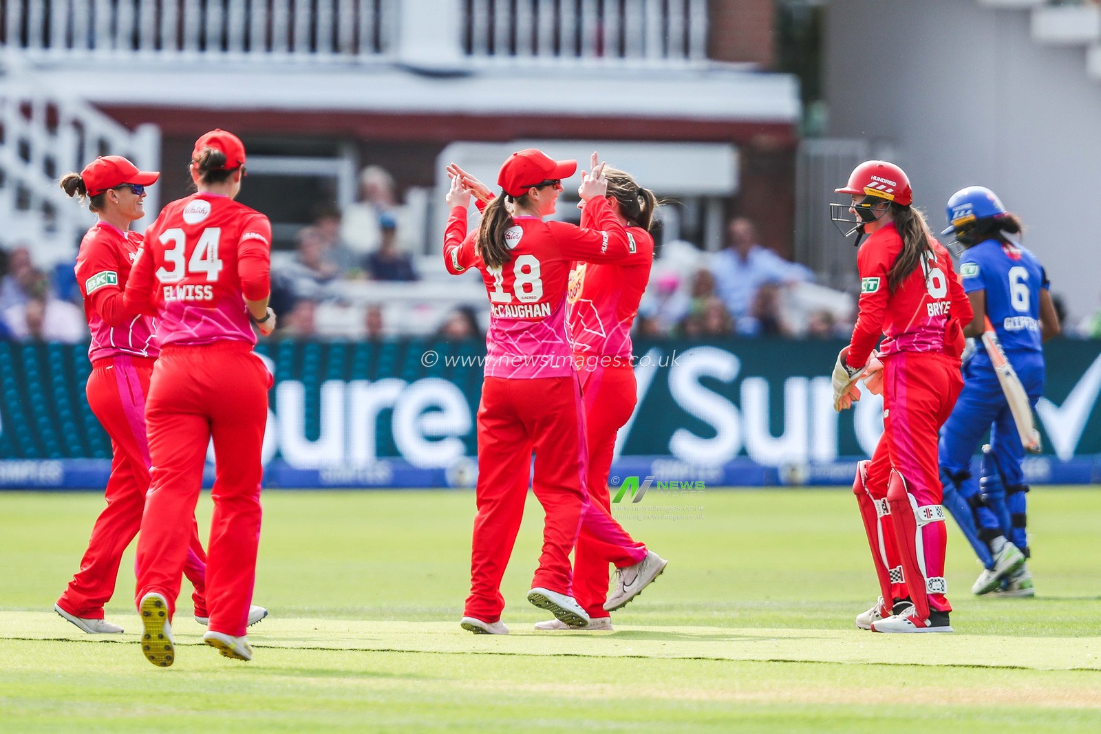 Freya Davies of Welsh Fire celebrates with teammates after the dismissal of Cordelia Griffith of London Spirit during the The Hundred Women's Final match Welsh Fire Women vs London Spirit Women at Lords, London, United Kingdom, 18th August 2024

(Photo by Izzy Poles/News Images)