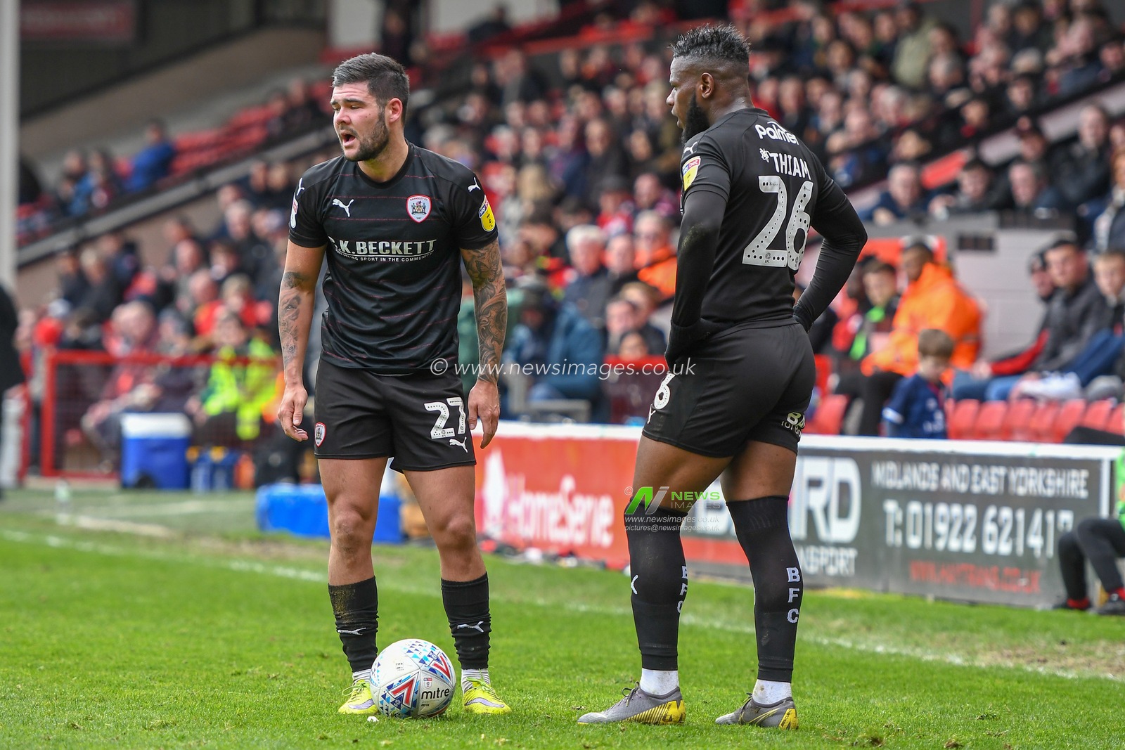 23rd March 2019, Bescot Stadium, Walsall, England; Sky Bet League One, Walsall vs Barnsley ; Alex Mowatt (27) of Barnsley and Mamadou Thiam (26) of Barnsley with a free kick


Credit: Gareth Dalley/News Images

English Football League images are subject to DataCo Licence