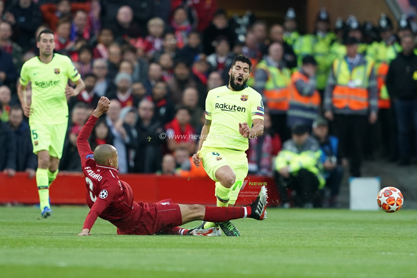 Barcelona's Luis Suarez is tackled by Liverpool's Fabinho

7th Mayl 2019 , Anfield Stadium, Liverpool, England;  UEFA Champions League Semi Final, Second Leg, Liverpool FC vs FC Barcelona 

Credit: Terry Donnelly/News Images