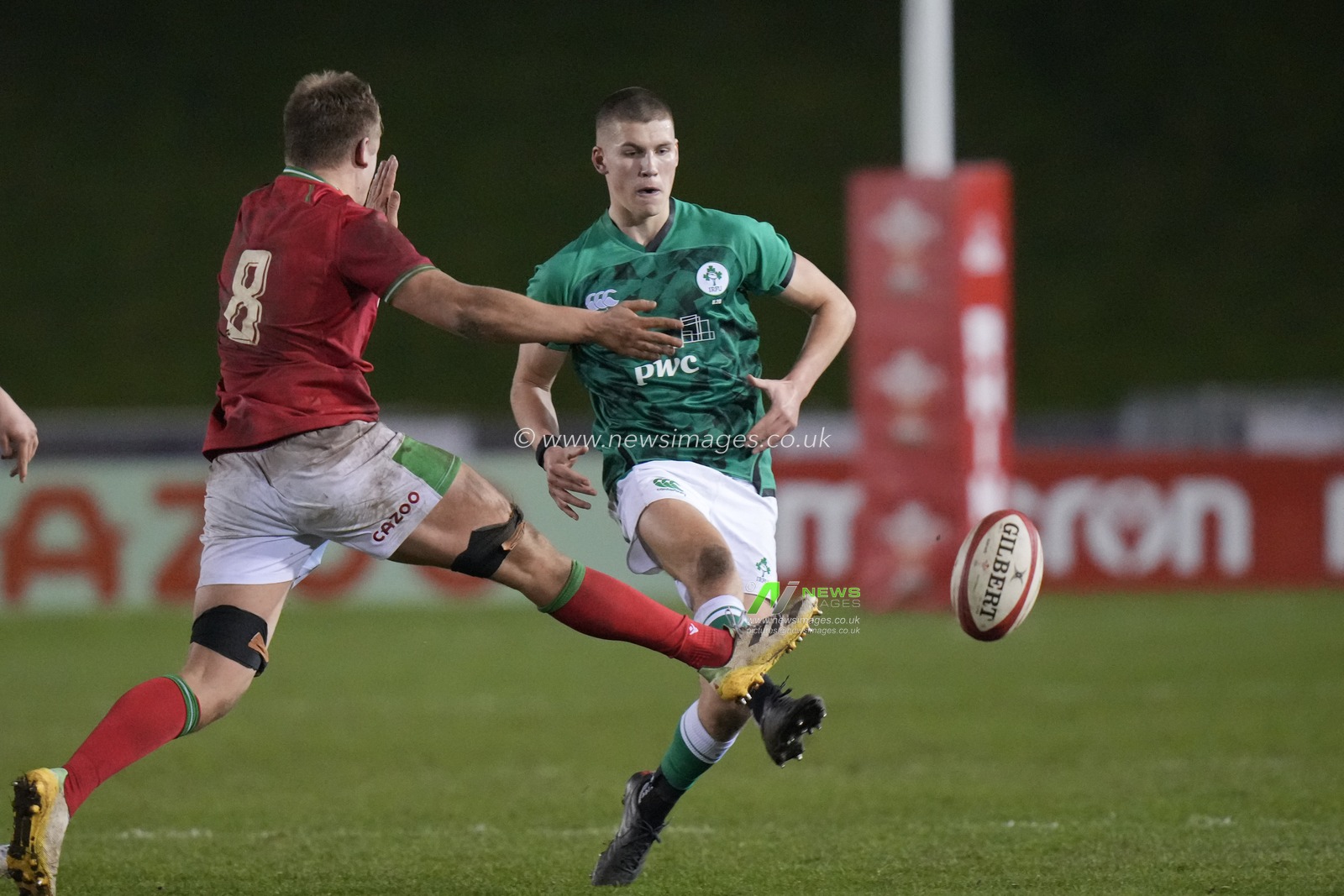 Sam Prendagast #10 of Ireland U20's chips the ball upfield during the 2023 U20 Six Nations match Wales vs Ireland at Stadiwm CSM, Colwyn Bay, United Kingdom, 3rd February 2023

(Photo by Steve Flynn/News Images)