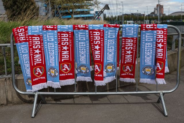 Manchester City v Arsenal scarfs on sale during the Premier League match Manchester City vs Arsenal at Etihad Stadium, Manchester, United Kingdom on 19 April 2026

(Photo by Mark Cosgrove/News Images)