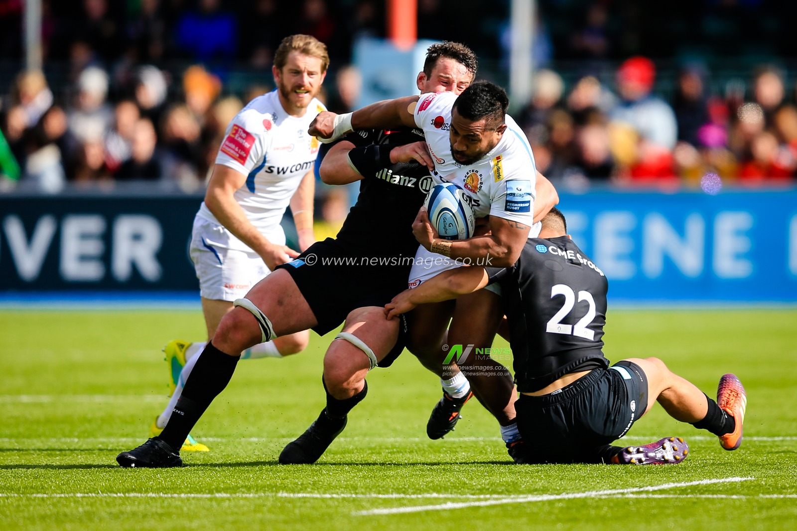 4th May 2019 , Allianz Park , London, England; Gallagher Premiership, Saracens vs Exeter Chiefs ;  Elvis Taione (16) of Exeter is tackled by Manu Vunipola (22) of Saracens


Credit: Georgie Kerr/News Images