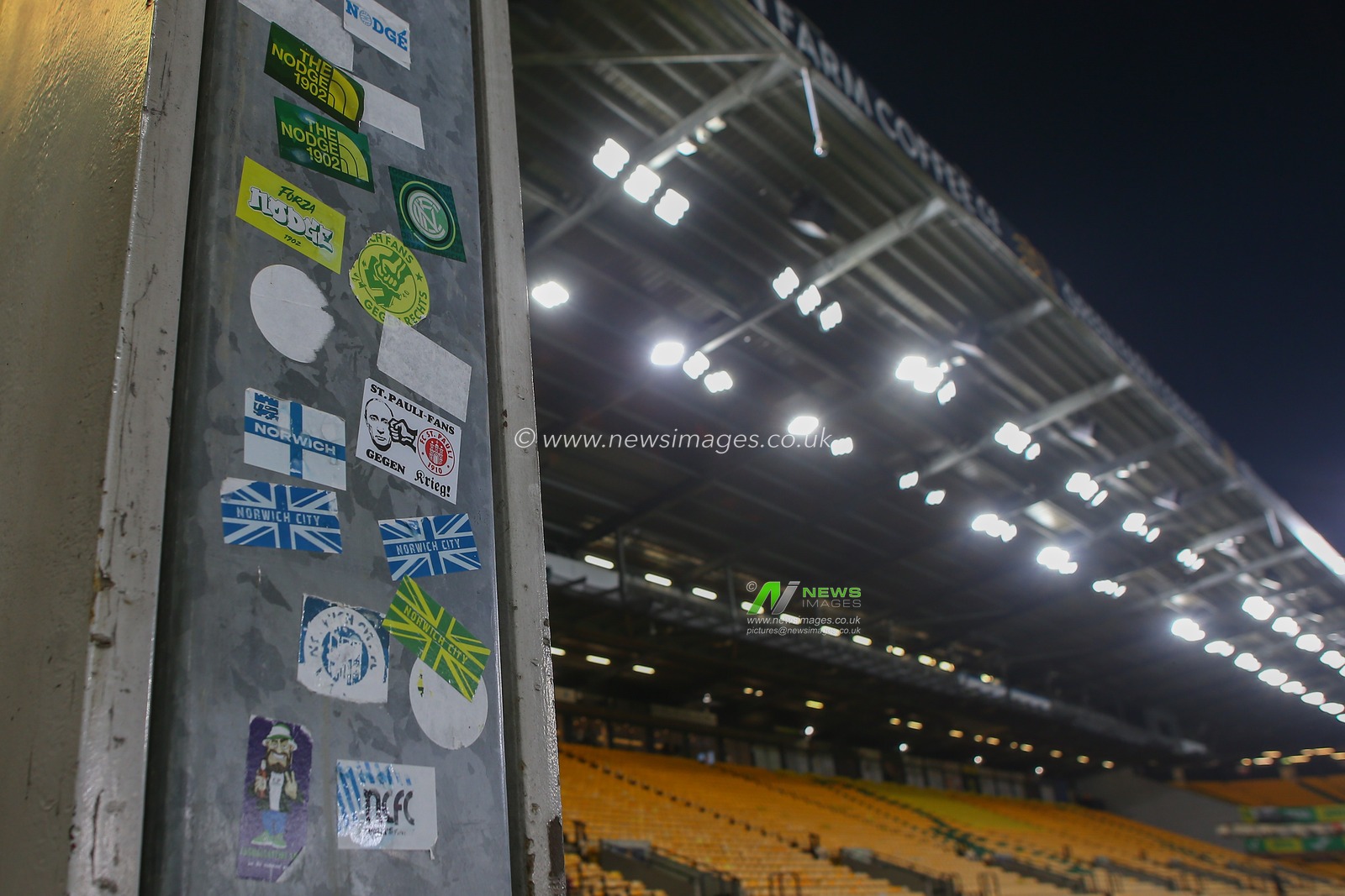 A wall of Norwich City themed stickers inside of Carrow Road, home of Norwich City ahead of the Sky Bet Championship match Norwich City vs Hull City at Carrow Road, Norwich, United Kingdom, 14th February 2023

(Photo by Gareth Evans/News Images)