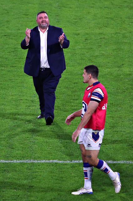 Matt Ellis of Wakefield Trinity celebrates after the Betfred Super League round 19 match Huddersfield Giants vs Wakefield Trinity at the Accu Stadium, Huddersfield, United Kingdom, 18th July 2025(Photo by Sam Eaden/News Images)